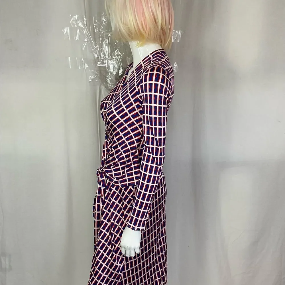 Issa London Blue Red White Geometric 100% Silk Long Sleeve Dress Size 6